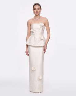 Floral Appliqué Vine Maxi Skirt - White