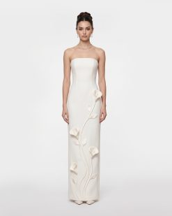 Floral Appliqué Strapless Column Dress - White