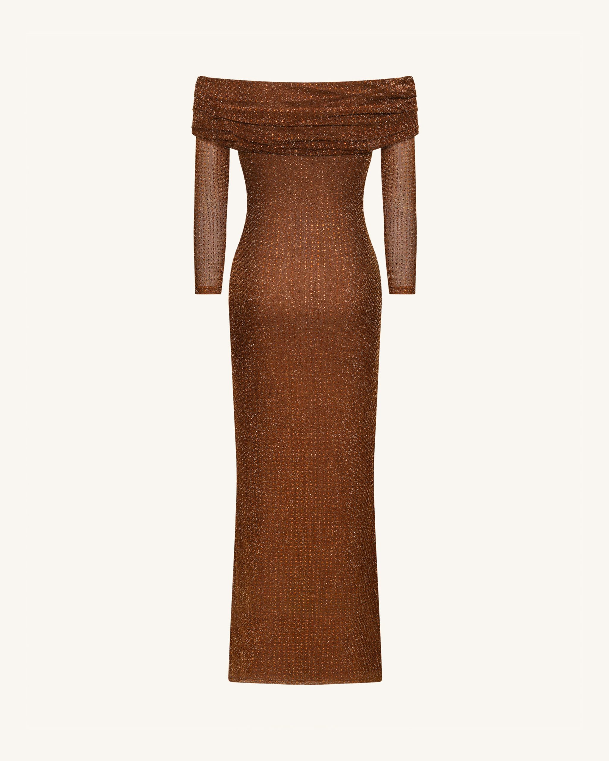 Rhinestone Mesh Off-Shoulder Maxi Dress - Brown - Image 6