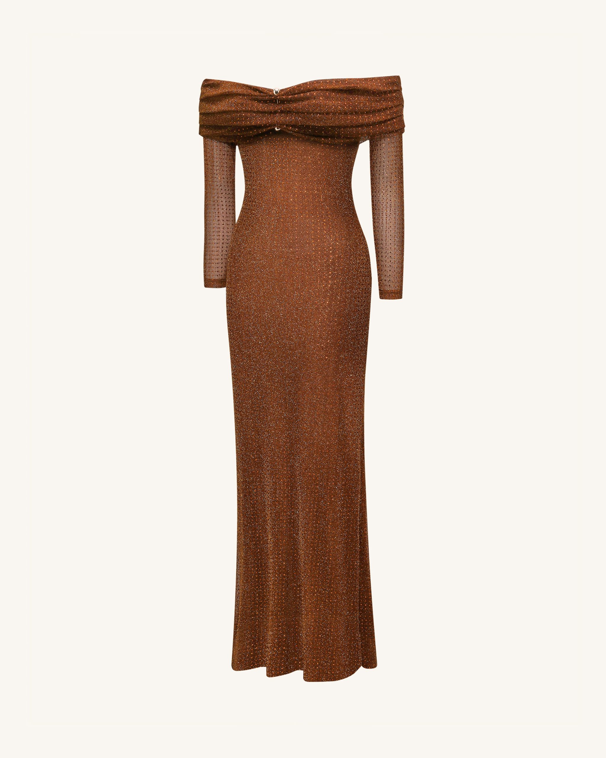 Rhinestone Mesh Off-Shoulder Maxi Dress - Brown - Image 5