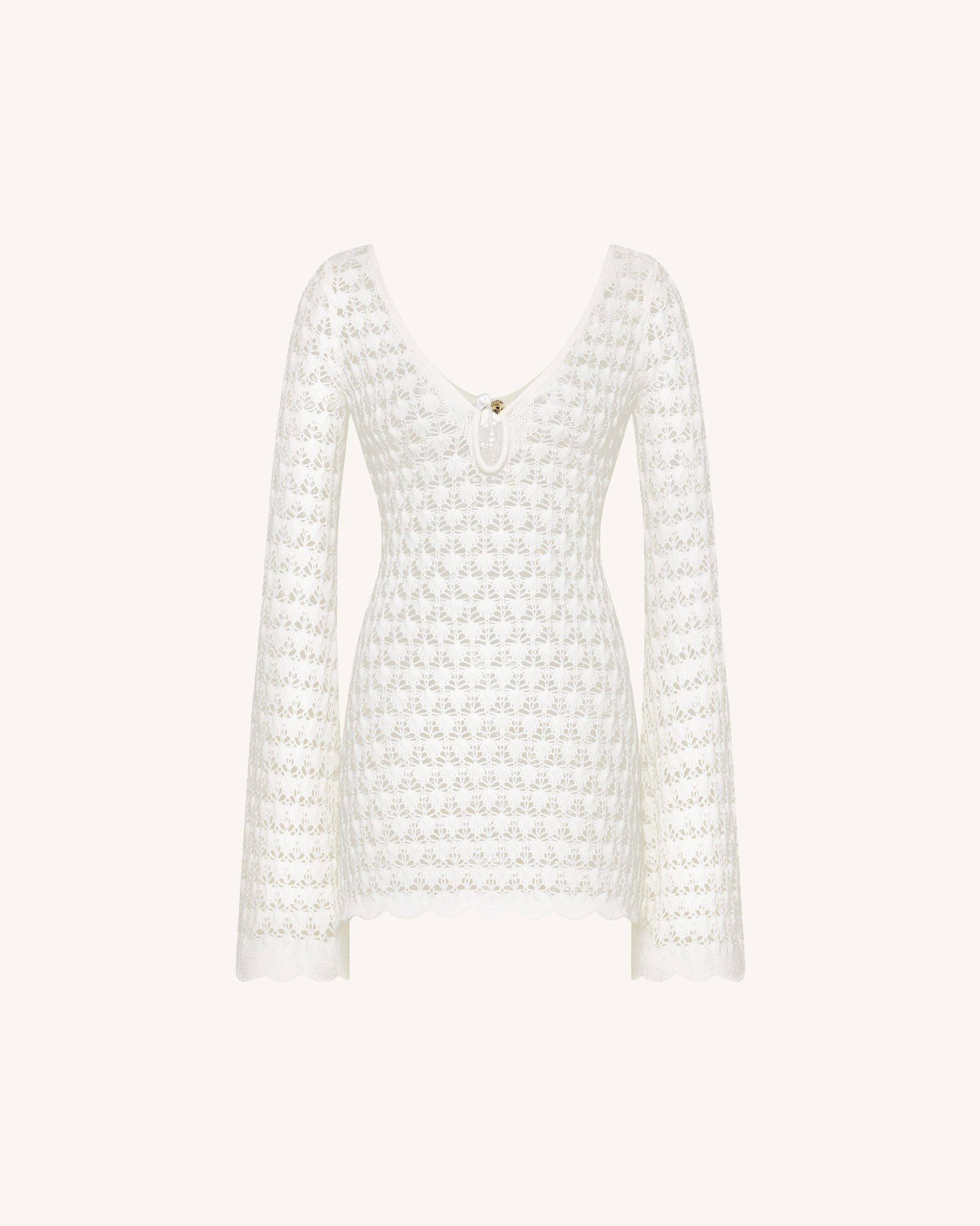 Pointelle Knit Keyhole Mini Dress - White - Image 2