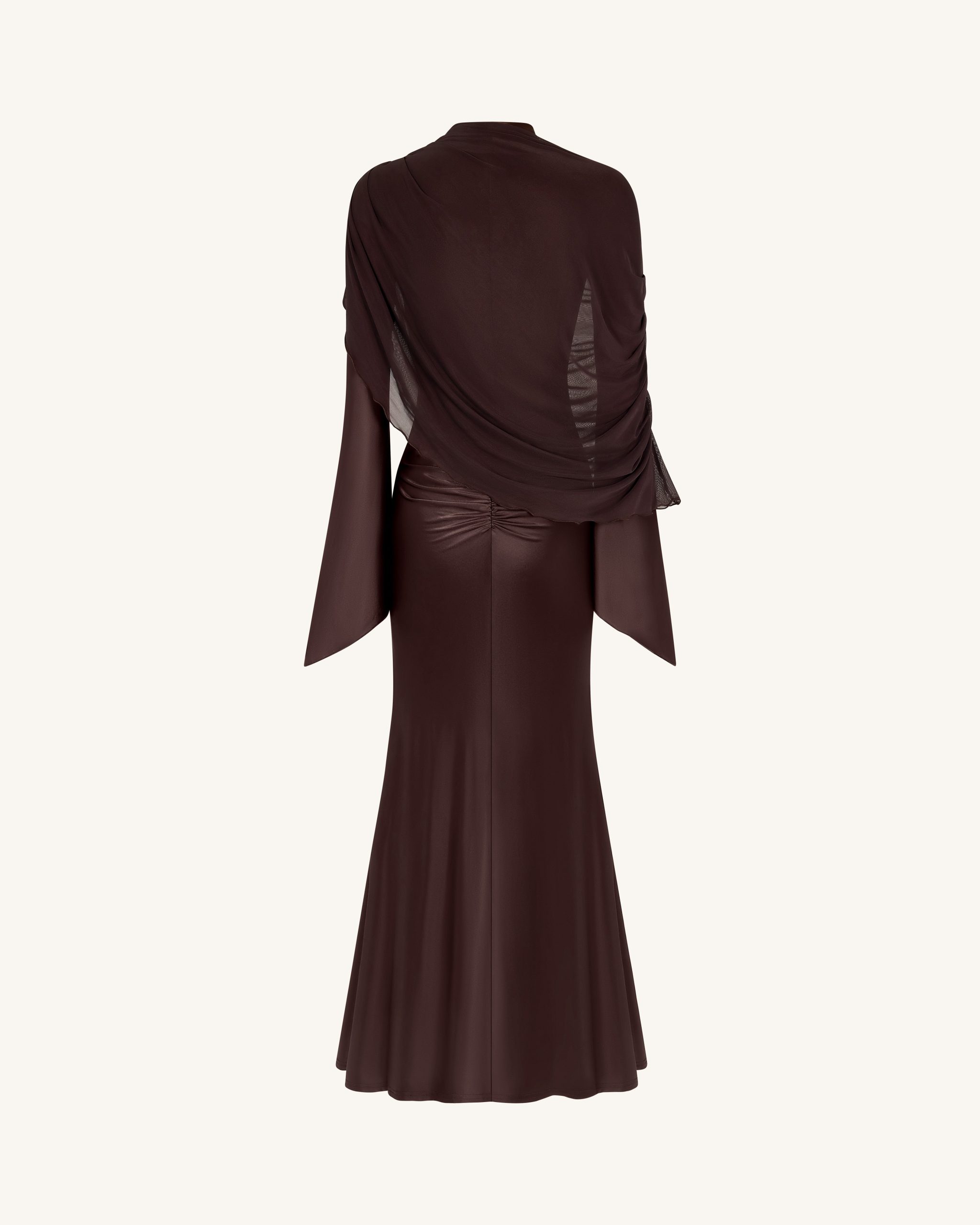 Sheer Shawl Ruched Bodycon Maxi Gown - Brown - Image 4