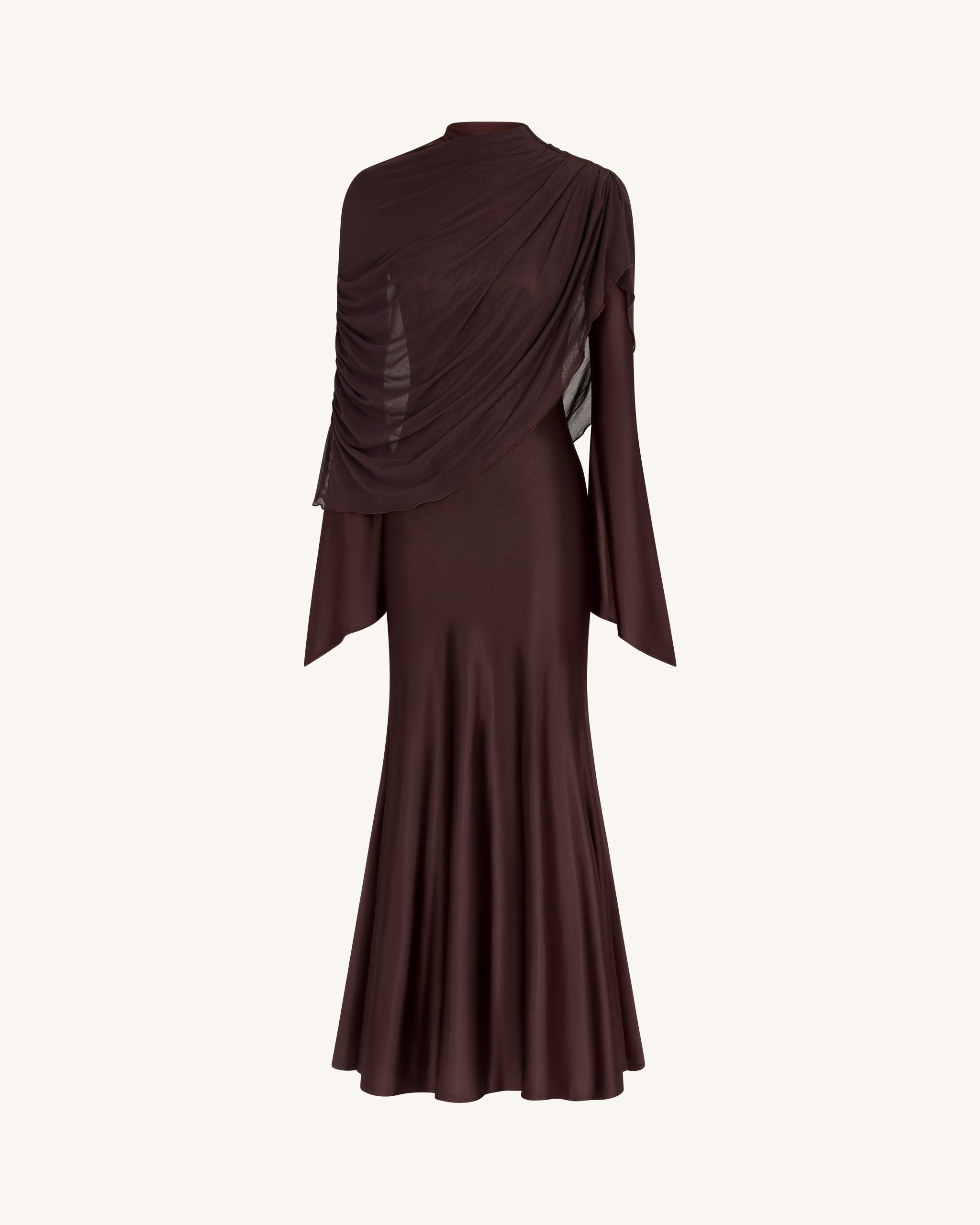 Sheer Shawl Ruched Bodycon Maxi Gown - Brown - Image 3