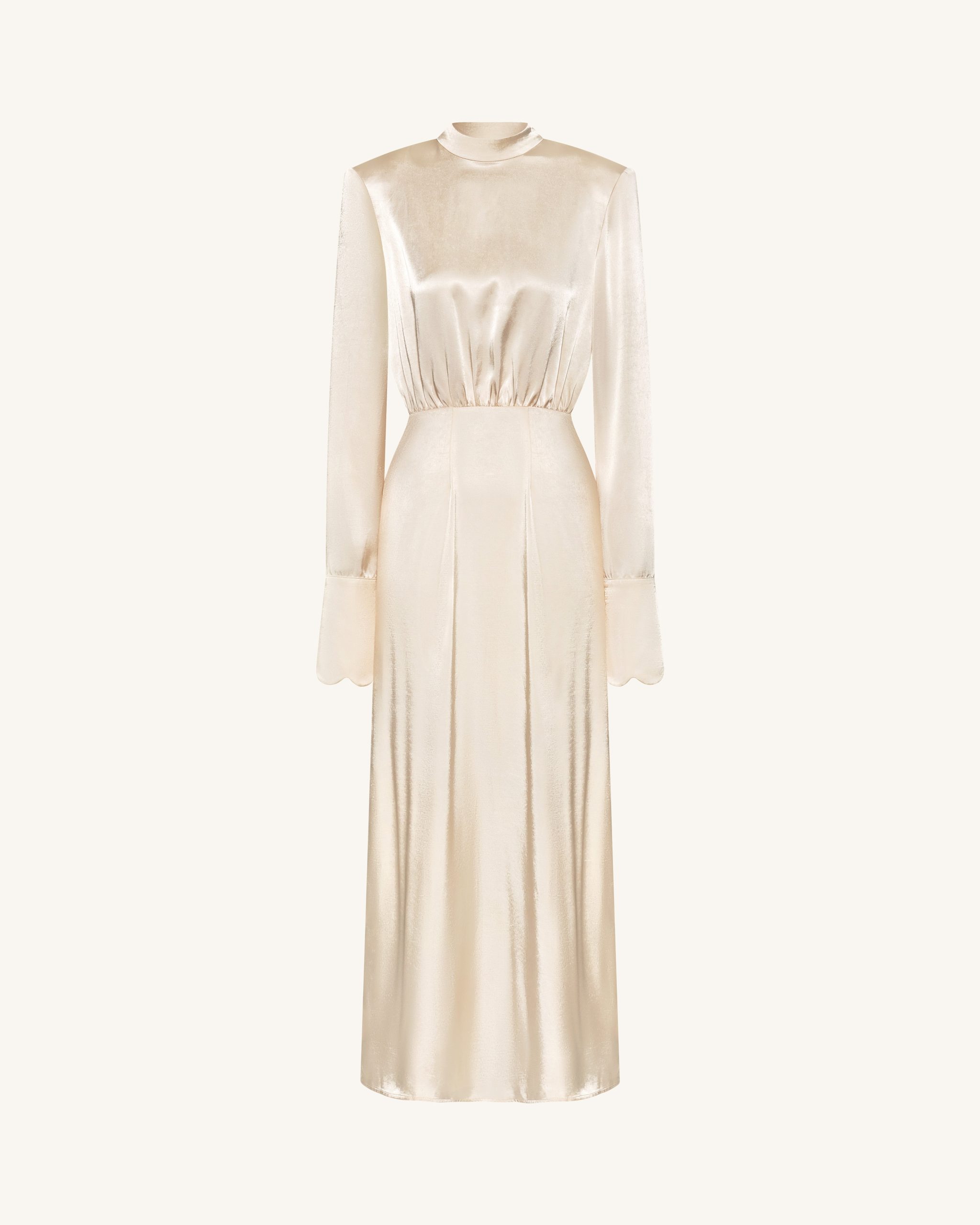 Structured Shoulder Design Satin High-Neck Fitted Maxi Dress - Cream - Image 4