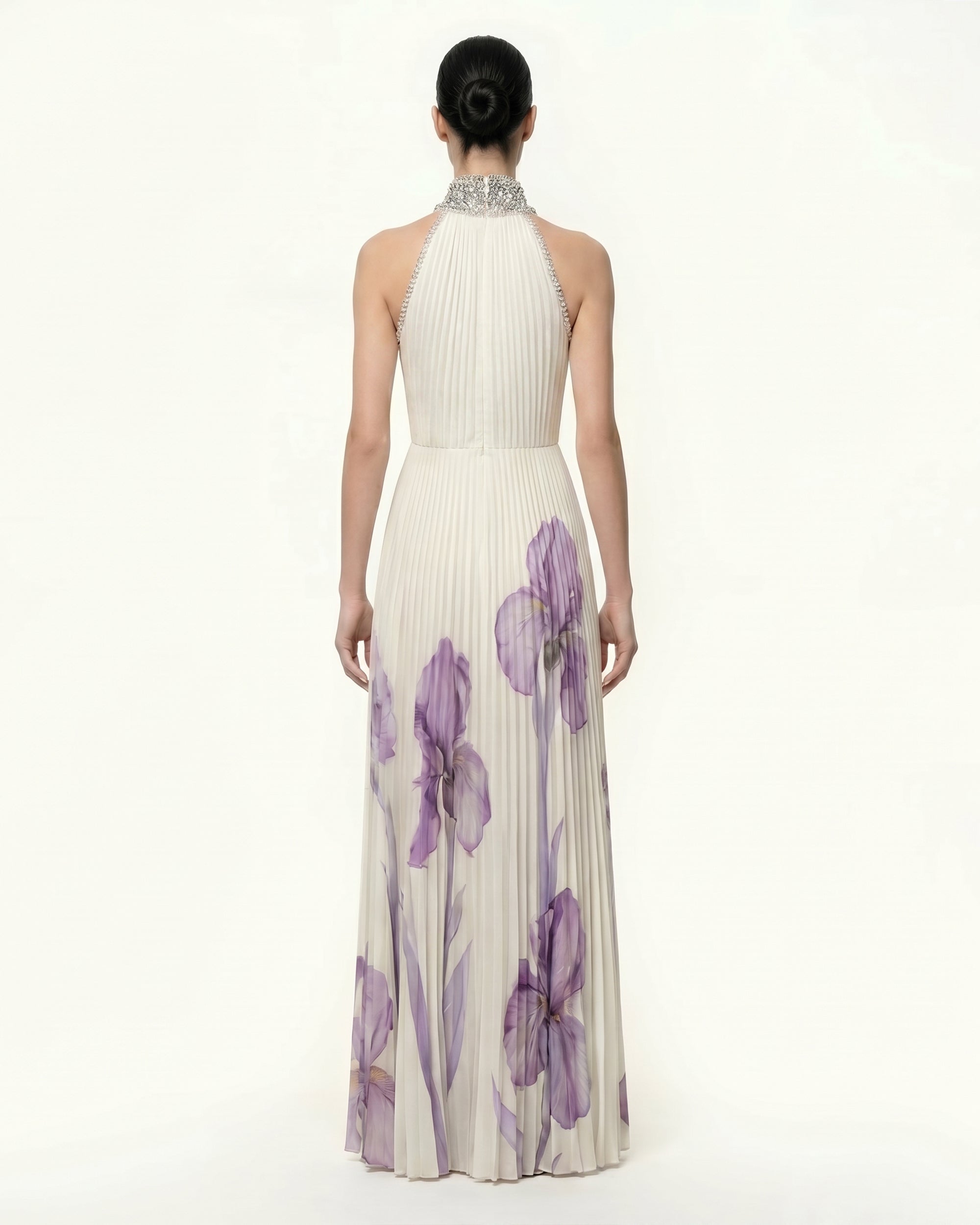 Jeweled-neck Halter Pleated Iris Print Maxi Dress - White/Purple - Image 2