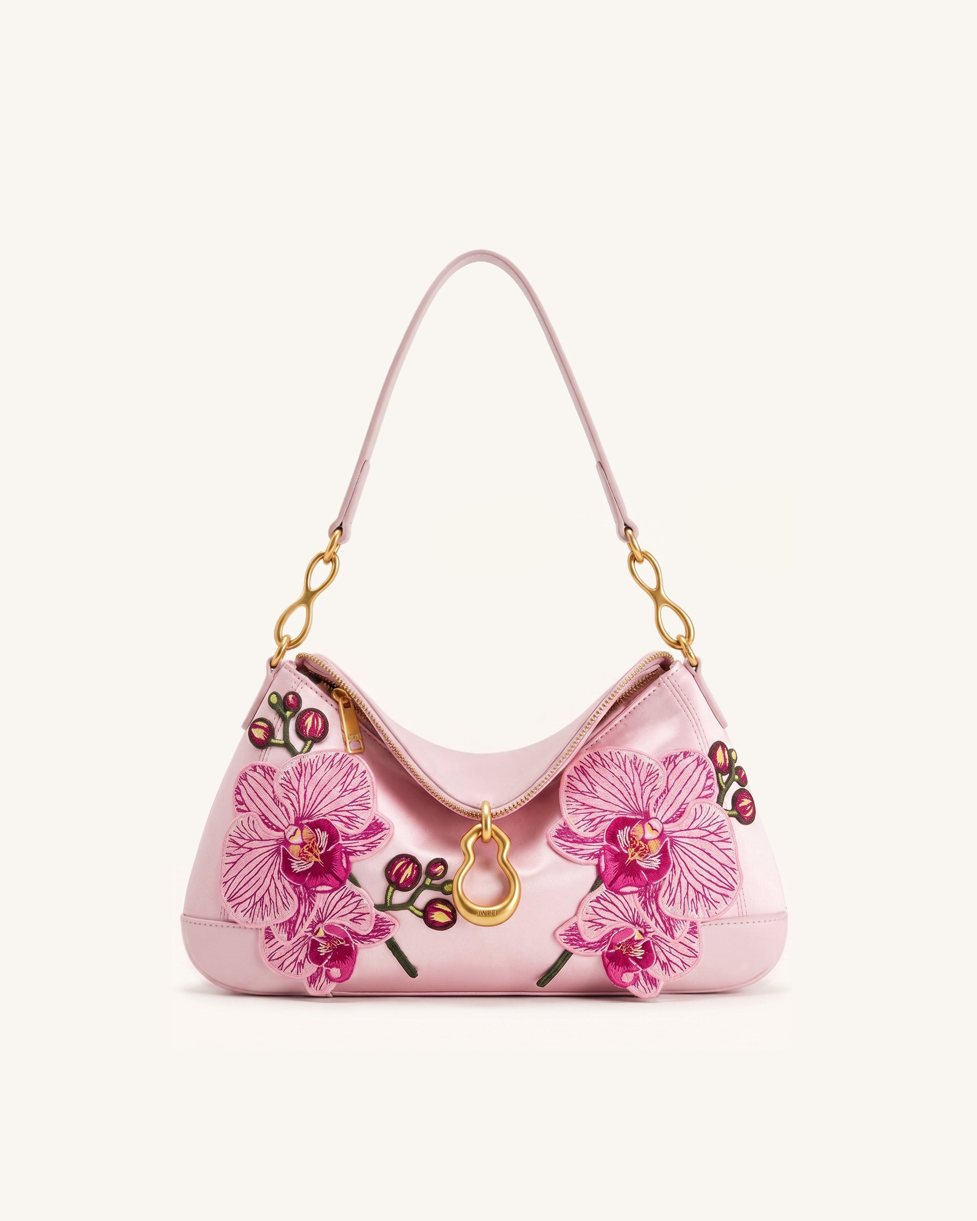 Jayla Metal Pendant Embellished Orchid Embroidered Shoulder Bag - Pink