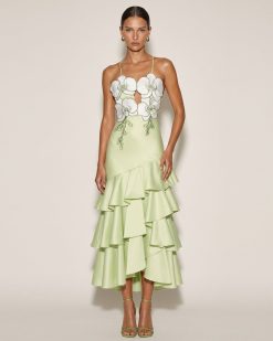Orchid Embellished Ruffle Midi Dress - Light Green