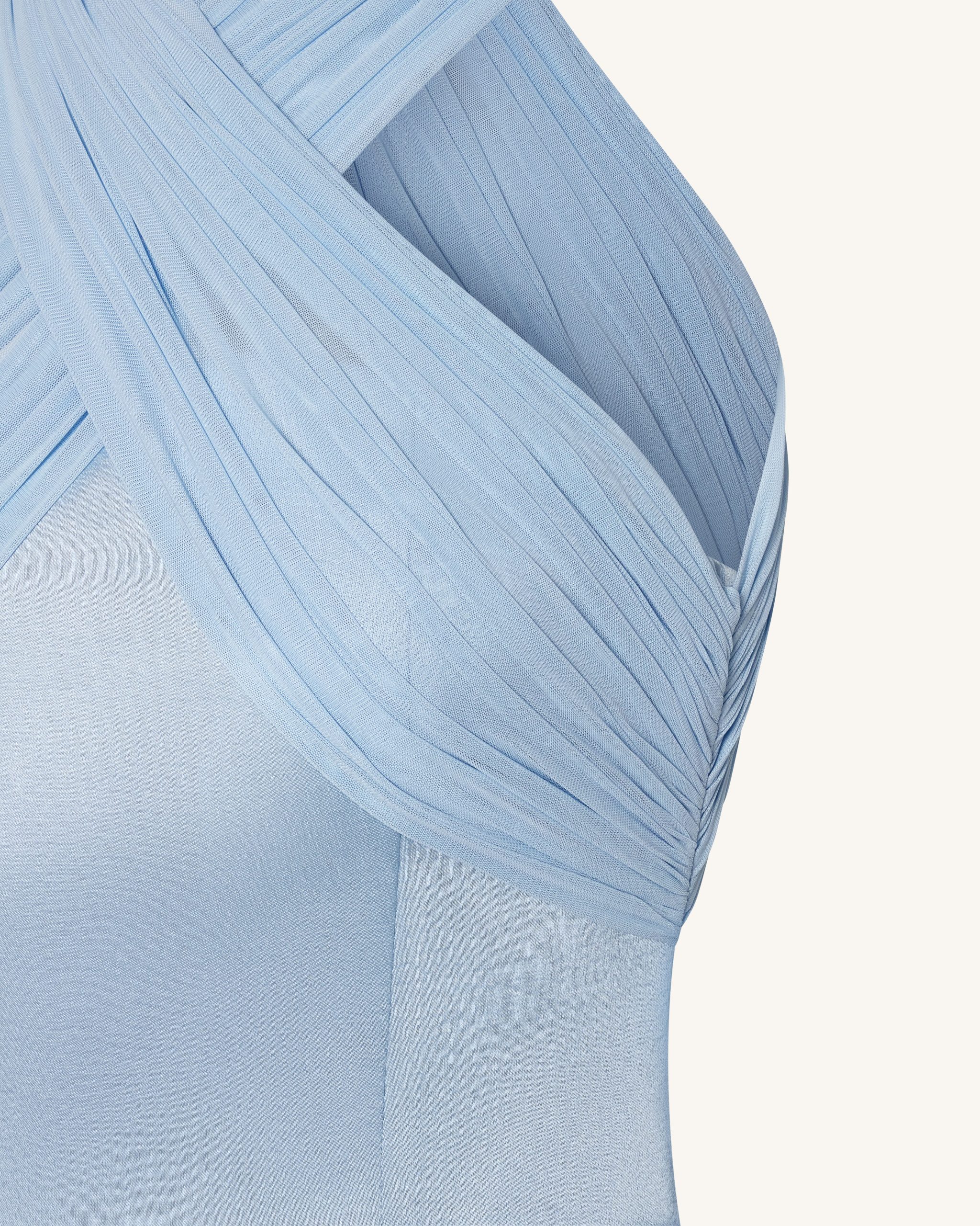 Satin Mini Dress with Tulle Cross-Halter - Blue - Image 4