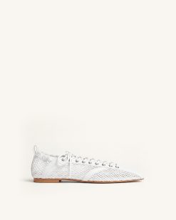 Ava Lace-Up Mesh Flats - White