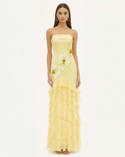 Orchid Embroidered Ruffled Strapless Maxi Dress - Pale Yellow