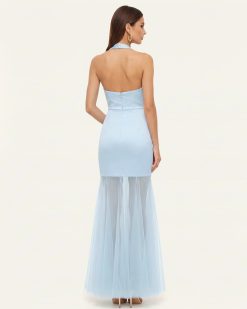 Alternative view of Orchid Embroidered Sheer Hem Halter Maxi Dress - Light Blue