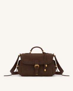 Marina Faux Suede Flap Multi-Pocket Top Handle Crossbody Bag - Dark Brown
