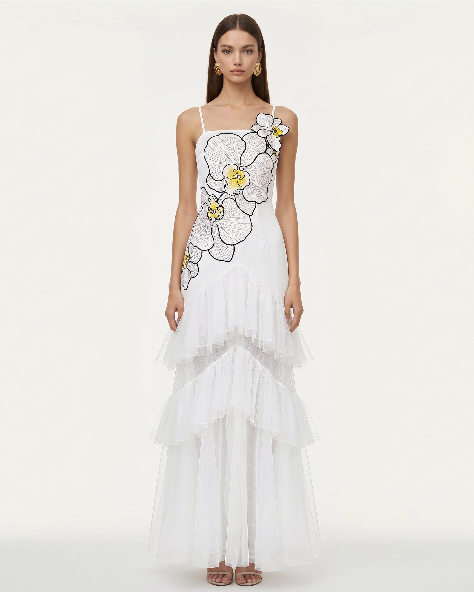 Orchid Embroidered Ruffled Tulle Strapless Maxi Dress - White