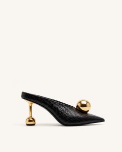 Sofia Angled Vamp Snakeskin Heel Mules - Black