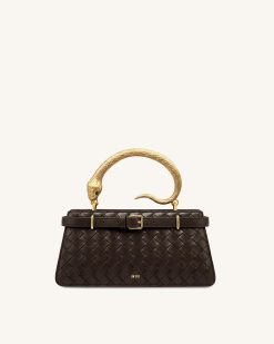 Elena Snake Handle Woven Texture Top Handle Bag - Espresso