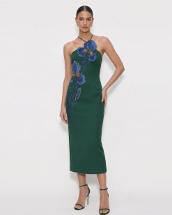 Iris Embroidered Halter Midi Dress - Dark Green