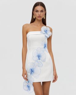 Orchid Embroidered Floral Appliqué Strapless Mini Dress - White Blue