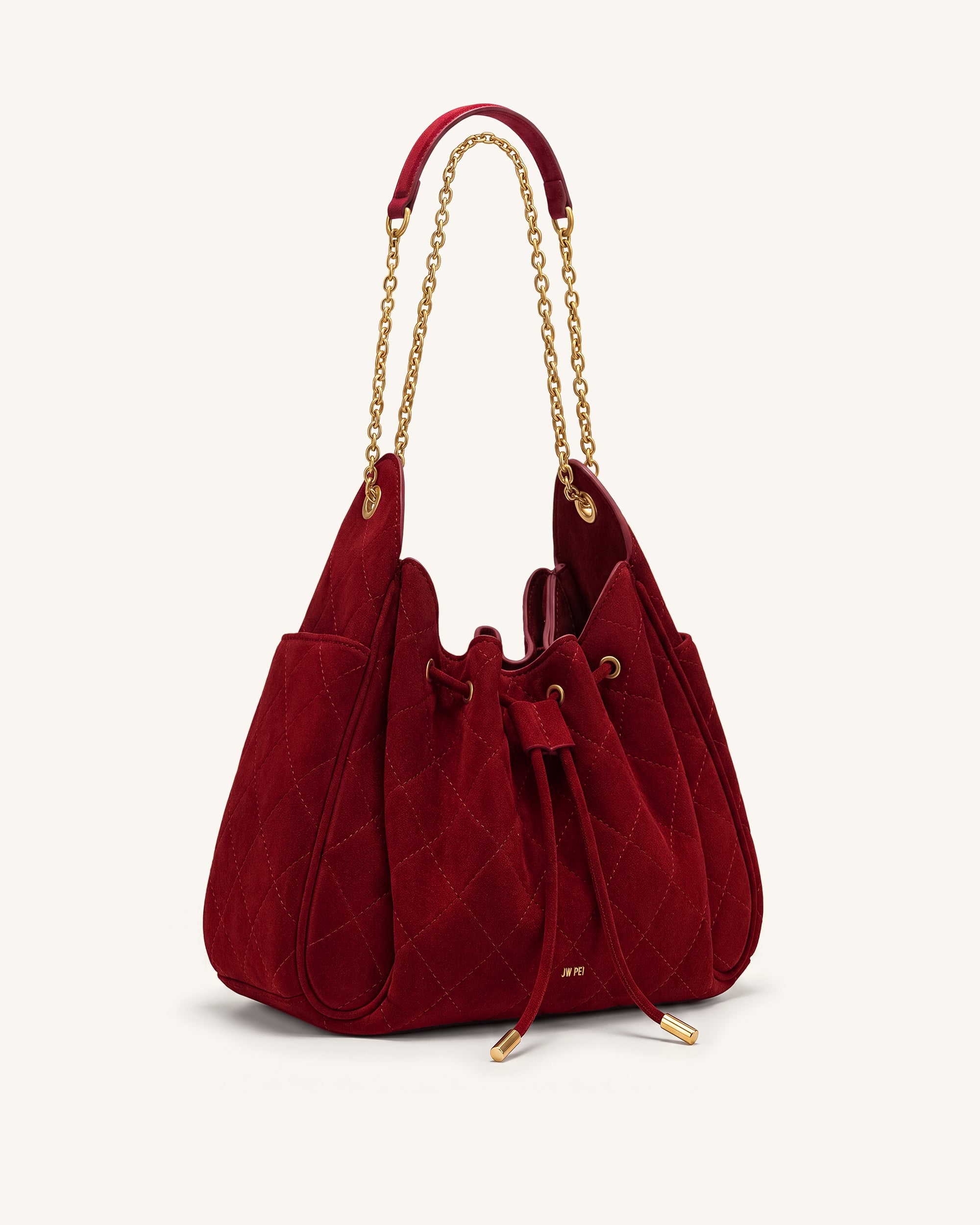 Rowan Faux Suede Quilted Chain Bucket Bag - Dark Red - Image 2