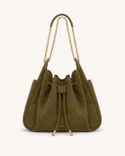 Rowan Faux Suede Quilted Chain Bucket Bag - Olive Green