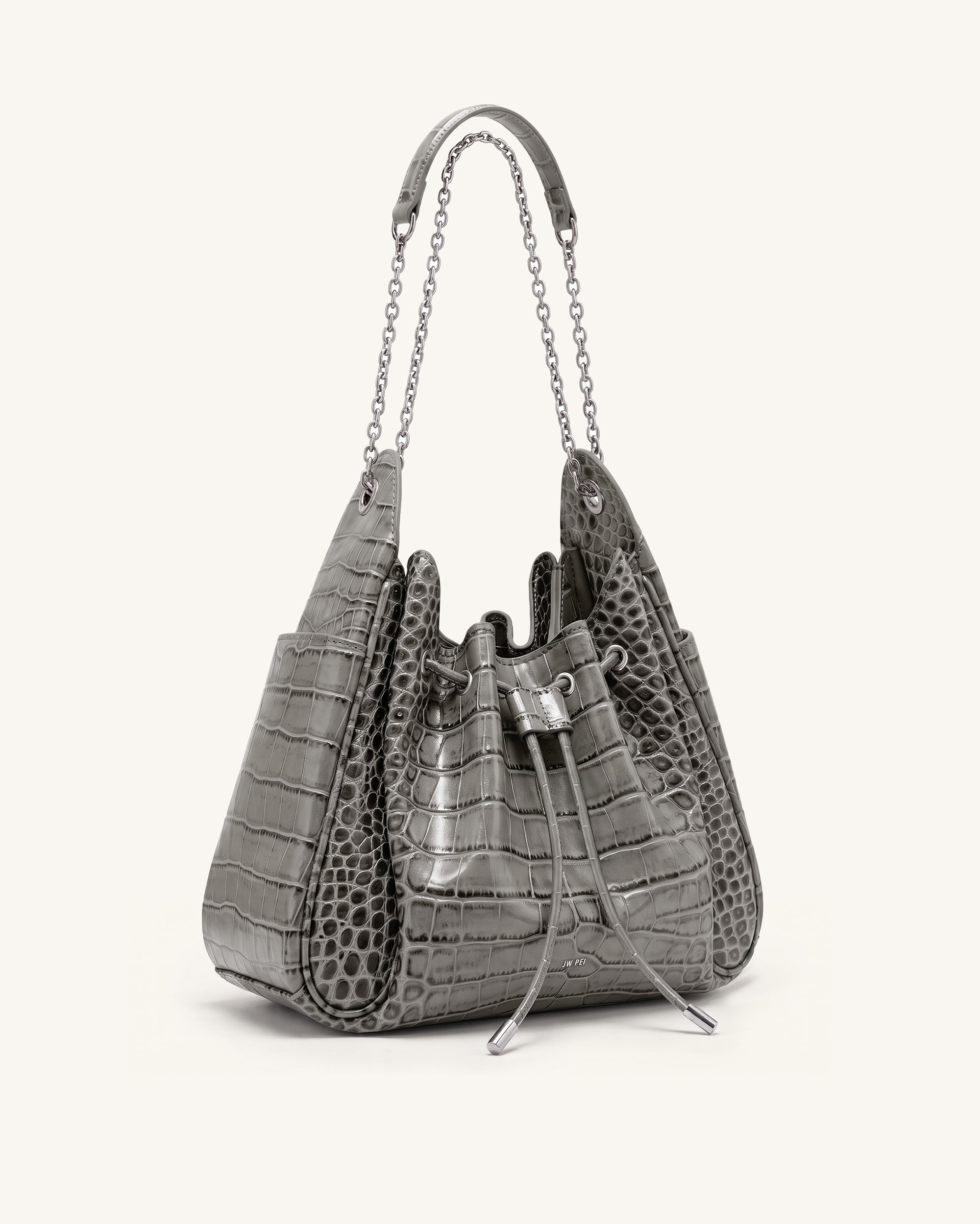 Rowan Ruched Drawstring Chain Bucket Bag - Grey Croc - Image 2