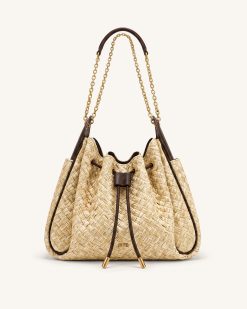 Rowan Faux Straw Ruched Drawstring Chain Bucket Bag - Brown