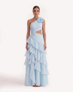 One Shoulder Cutout Ruffle Chiffon Maxi Dress - Blue
