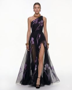 Floral One Shoulder Maxi Dress - Black
