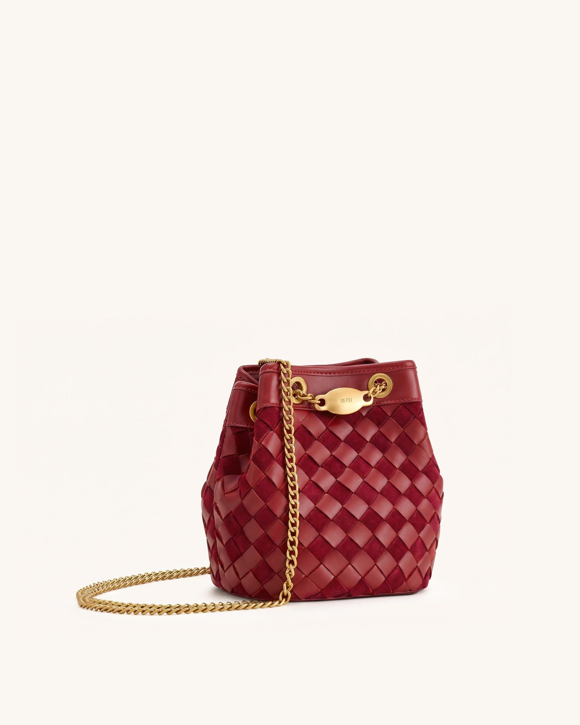 Yara Faux Suede Hand-Woven Bucket Bag - Dark Red - Image 2
