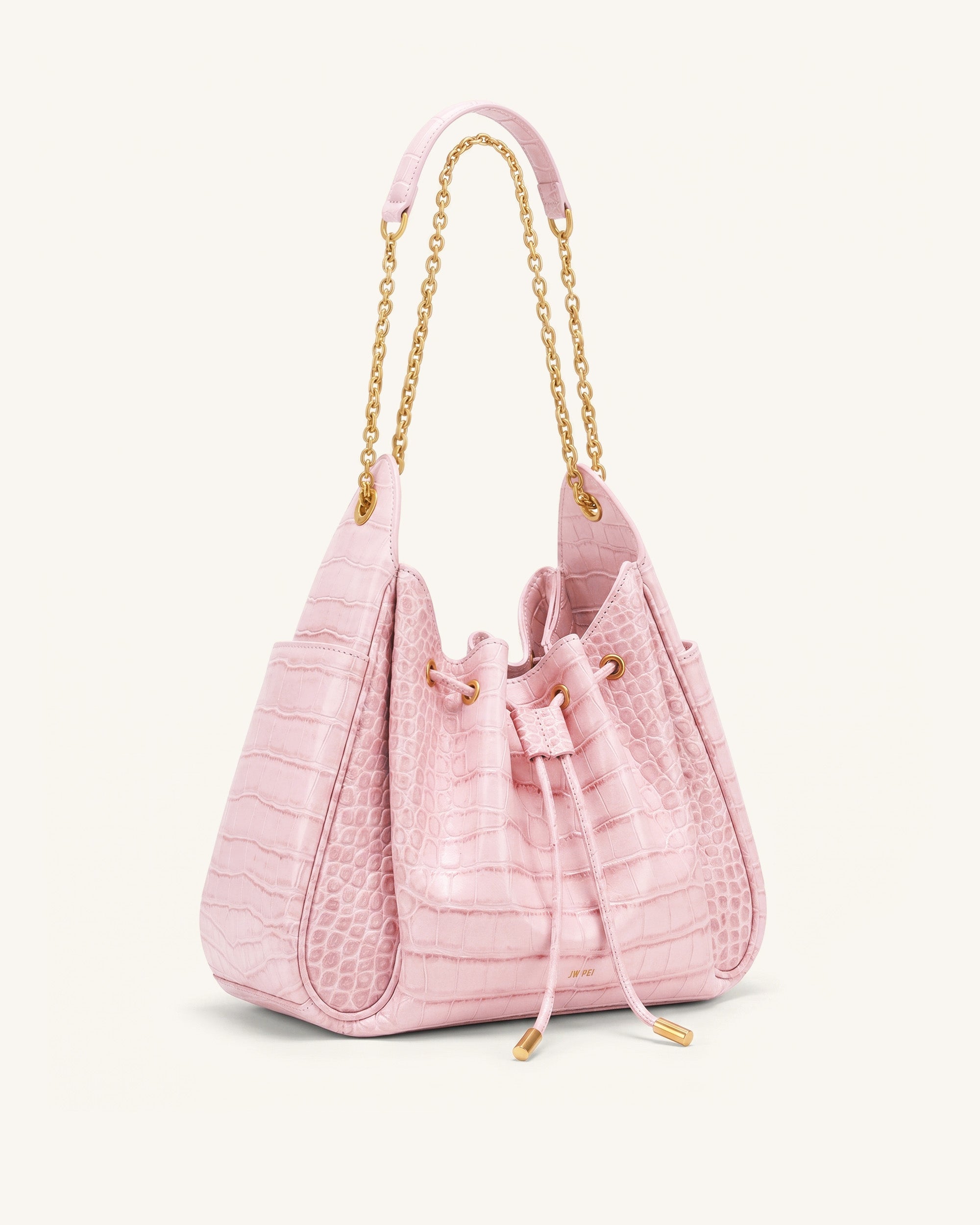 Rowan Ruched Drawstring Chain Bucket Bag - Pink Croc - Image 2