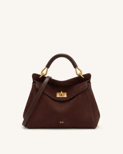 Lucia Classic Faux Suede Top Handle Bag - Dark Brown