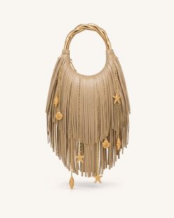 Chloe Metal Handle Fringe Top Handbag - Khaki
