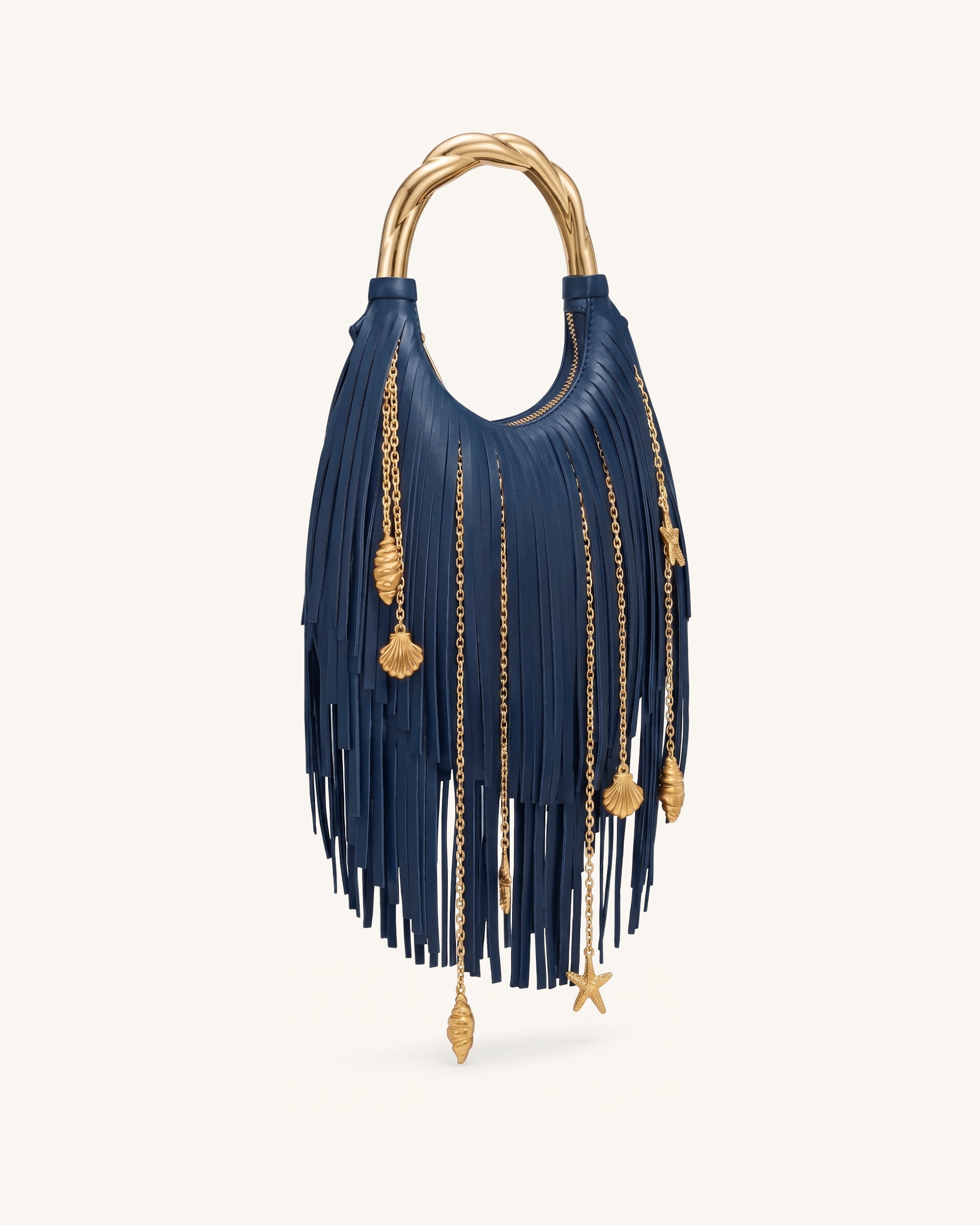 Chloe Metal Handle Fringe Top Handbag - Navy Blue - Image 2