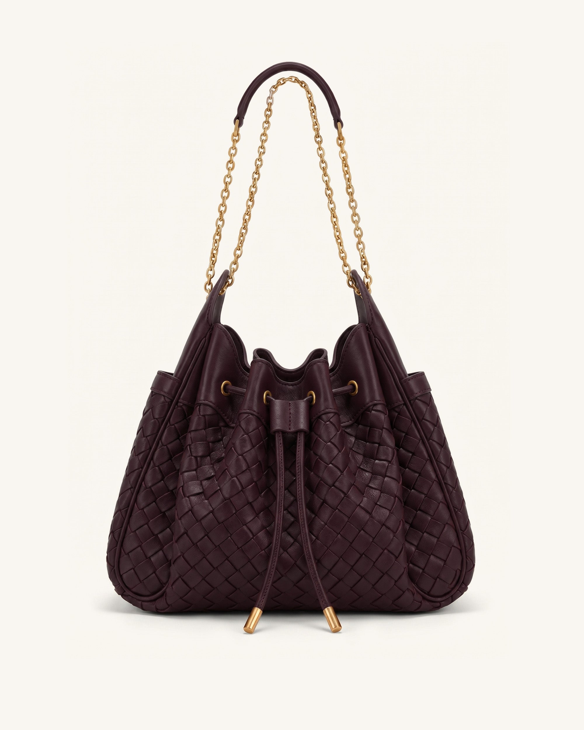 Rowan Weaving Ruched Drawstring Chain Bucket Bag - Dark Cherry