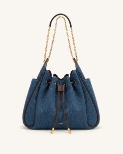 Rowan Ruched Drawstring Chain Bucket Bag - Dark Blue Denim