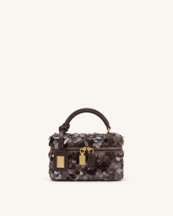 Cleo Metallic Sequin Box Shape Top Handle Bag - Brown
