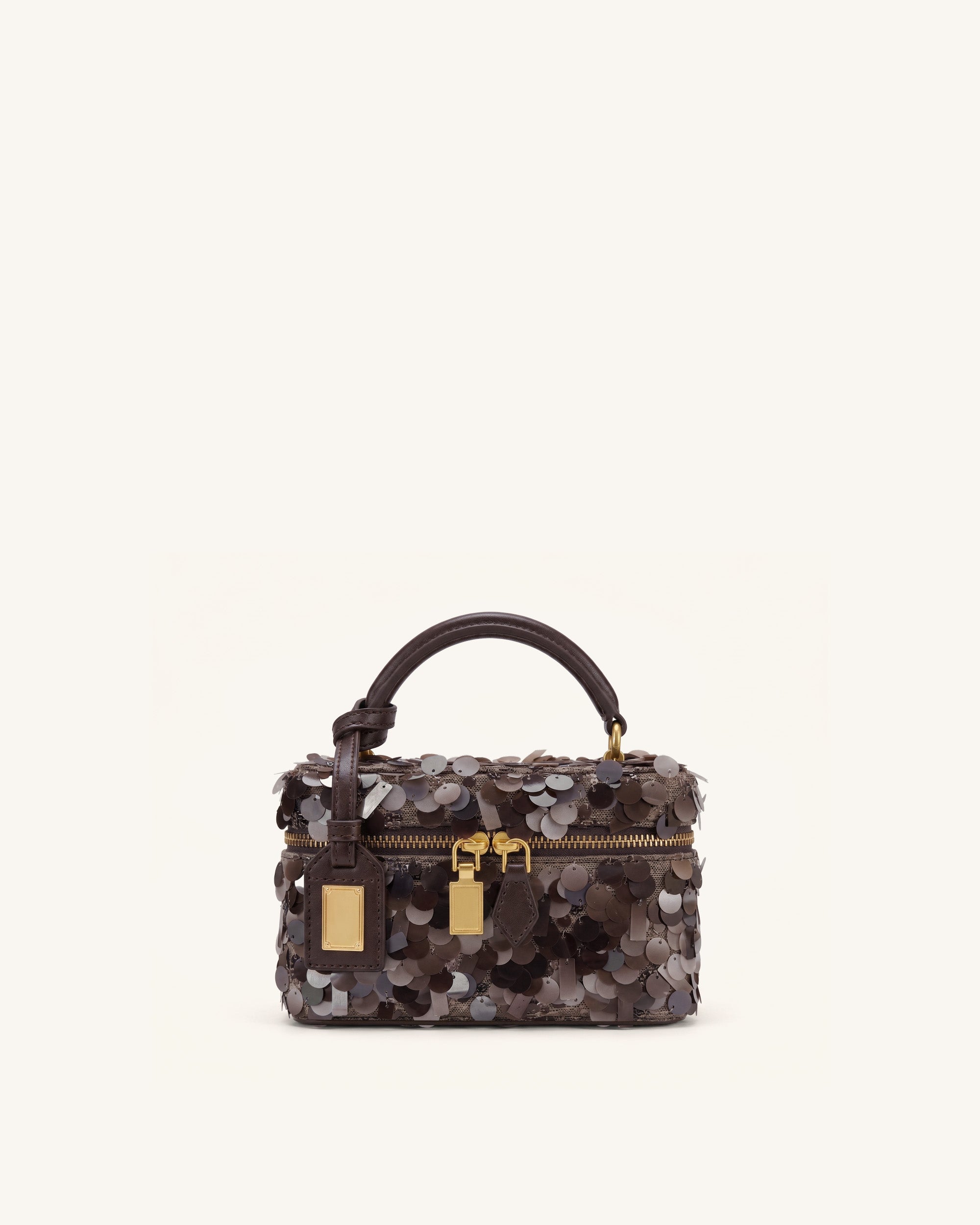 Cleo Metallic Sequin Box Shape Top Handle Bag - Brown