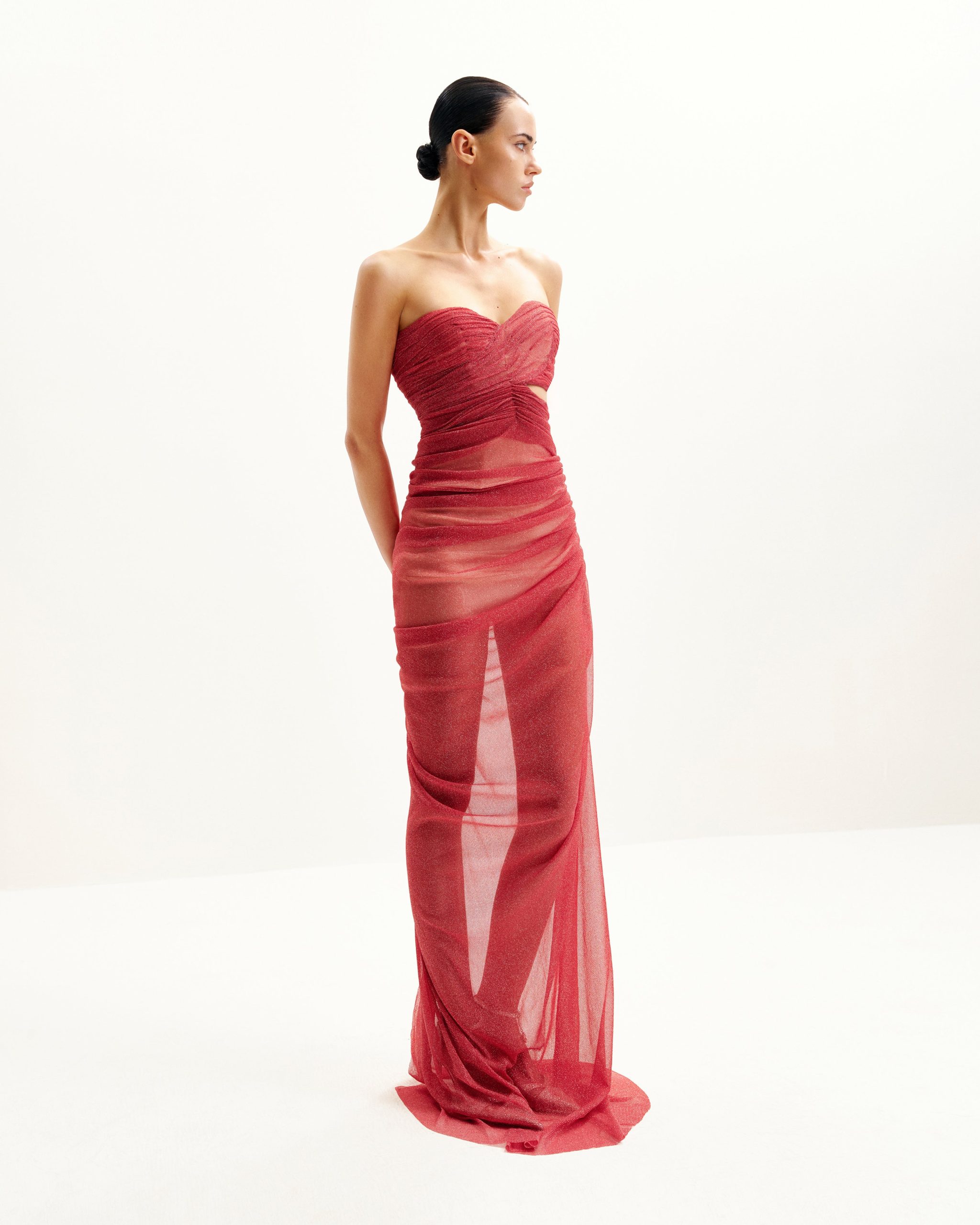 Mia Strapless Sheer Glitter Gown - Scarlet - Image 3