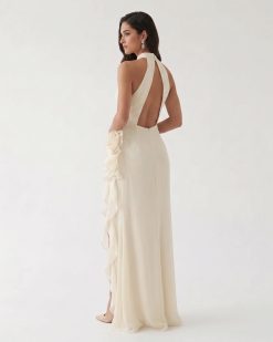 Alternative view of Halter Ruffle Rosette Slit Maxi Dress - Ivory