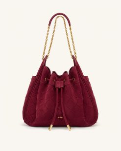 Rowan Faux Suede Weaving Ruched Drawstring Chain Bucket Bag - Dark Cherry