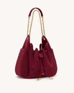 Alternative view of Rowan Faux Suede Weaving Ruched Drawstring Chain Bucket Bag - Dark Cherry