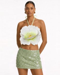 3D Floral Halter Crop Top - Ivory