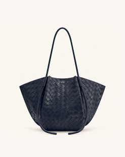 Nala Woven Texture Wide Tote Bag - Navy Blue