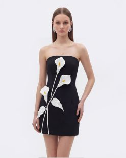 Strapless Floral Appliqué Dress - Black