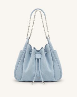 Rowan Faux Suede Quilted Chain Bucket Bag - Blue
