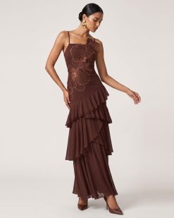Orchid Embroidered Ruffled One-Shoulder Maxi Dress - Dark Brown