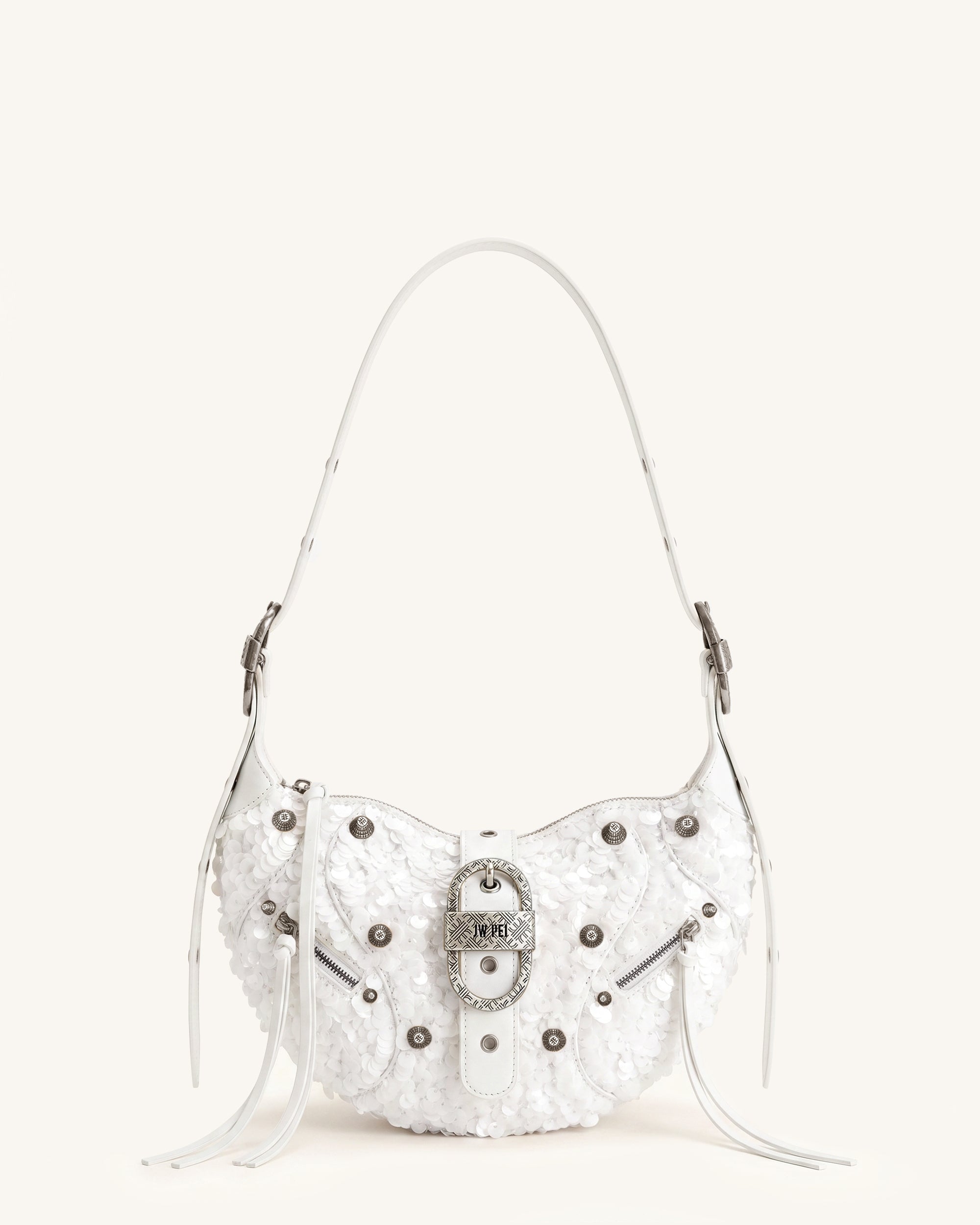 Tessa Sequins Studded Shoulder Bag - Bright White