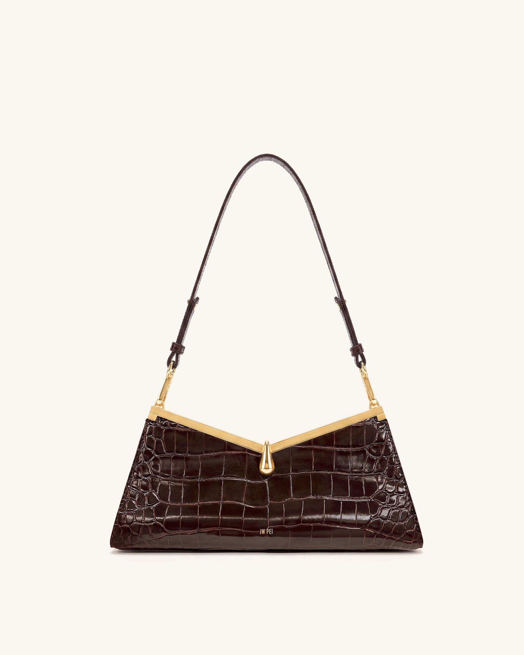 Nerina V-Frame Shoulder Bag - Dark Brown Croc