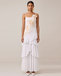 Orchid Embroidered Ruffled One-Shoulder Maxi Dress - Ivory