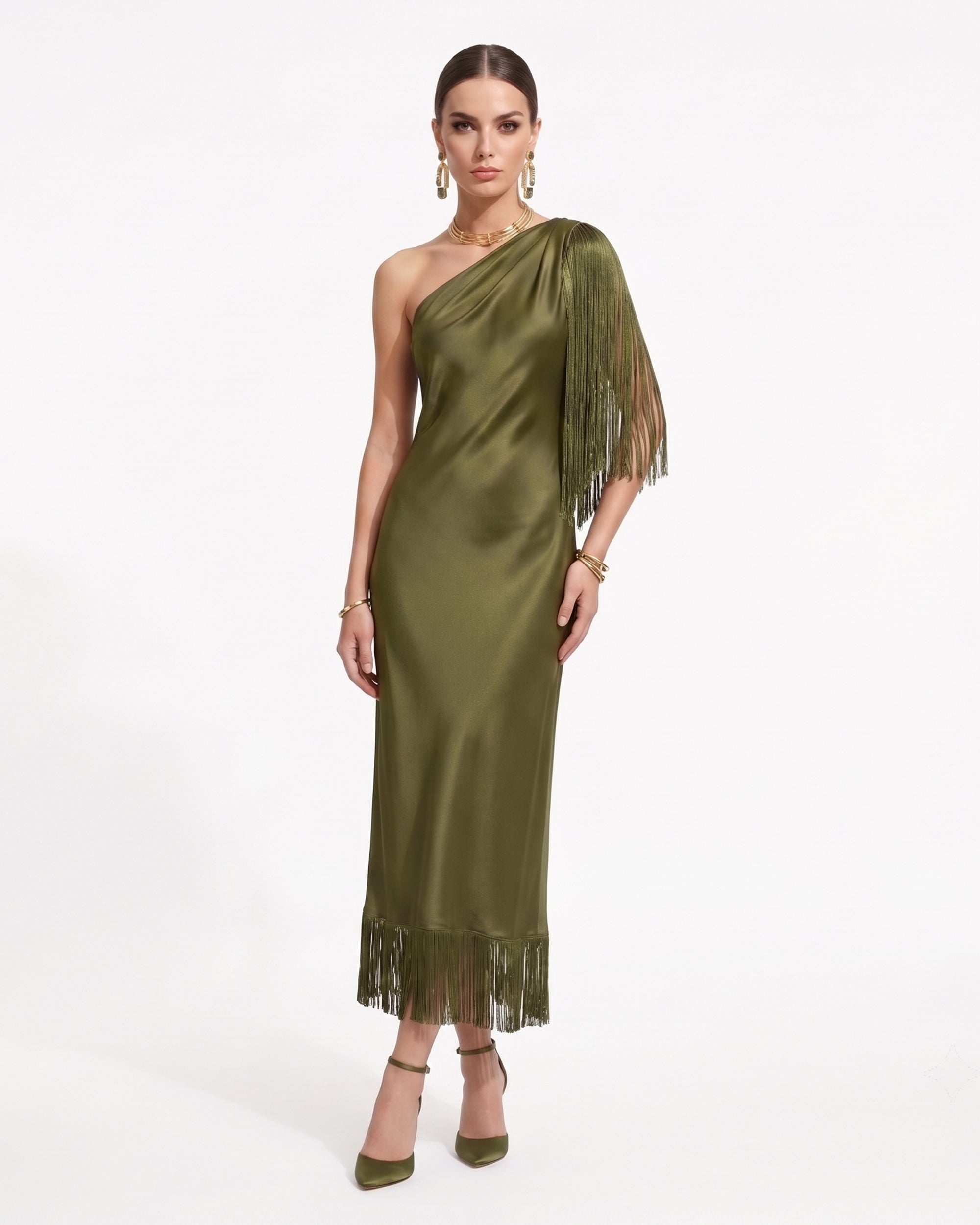 One Shoulder Fringe Midi Dress - Olive Green