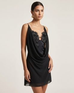 Alternative view of Flower Embroidered Cowl Neck Mini Dress - Black